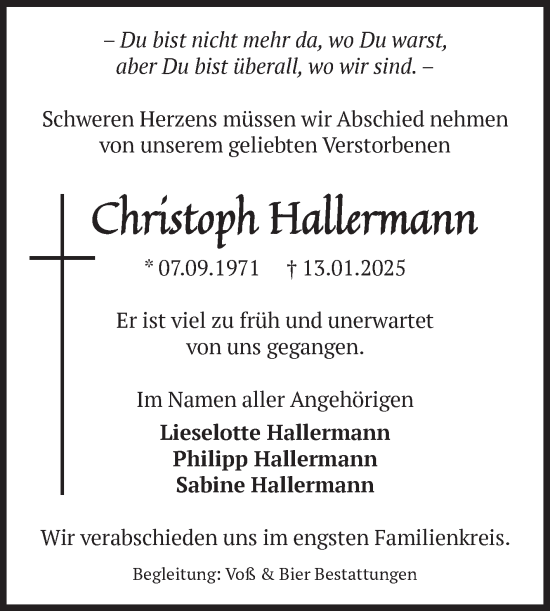 Traueranzeige von Christoph Hallermann von Volksstimme Wernigerode