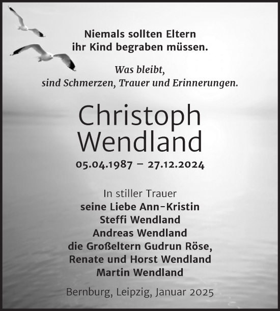 Traueranzeige von Christoph Wendland von Trauerkombi Bernburg