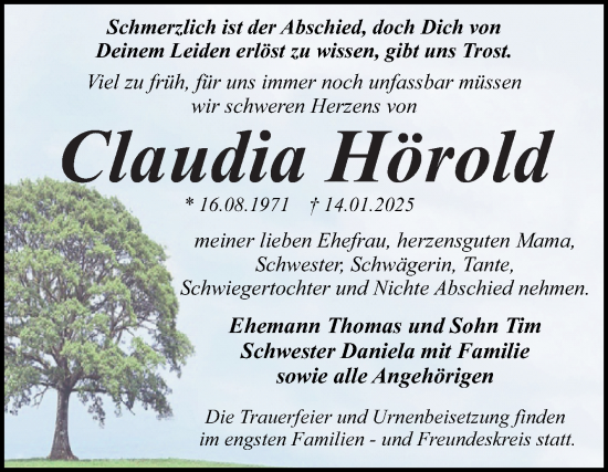 Traueranzeige von Claudia Hörold von Trauerkombi Wittenberg