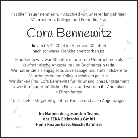 Traueranzeige von Cora Bennewitz von Mitteldeutsche Zeitung Halle/Saalkreis