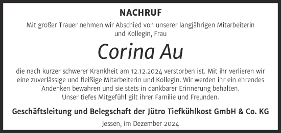 Traueranzeige von Corina Au von Super Sonntag Wittenberg