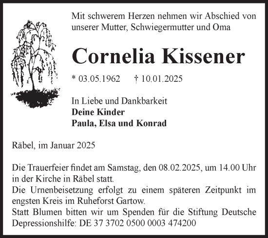 Traueranzeige von Cornelia Kissener von Volksstimme Altmark Ost