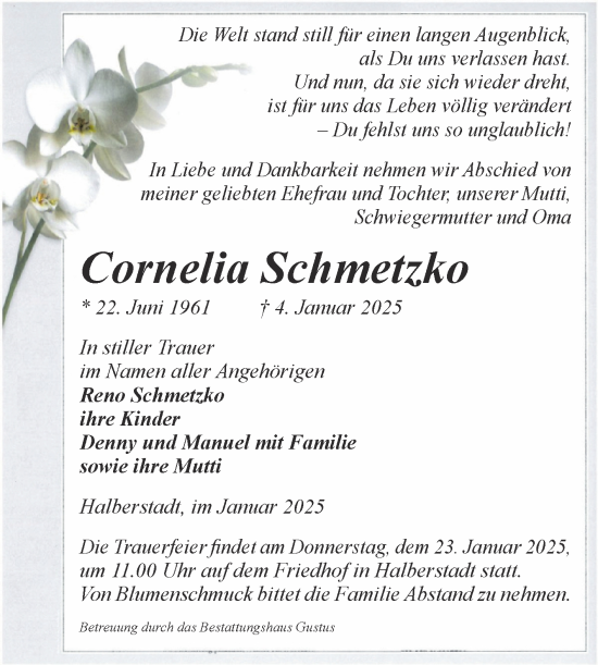 Traueranzeige von Cornelia Schmetzko von Volksstimme Halberstadt