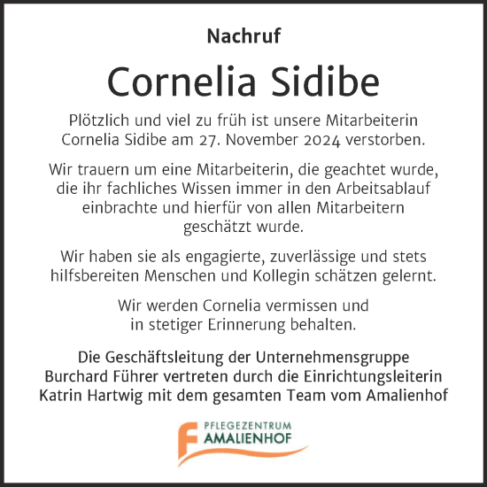 Traueranzeige von Cornelia Sidibe von Super Sonntag Dessau-Roßlau