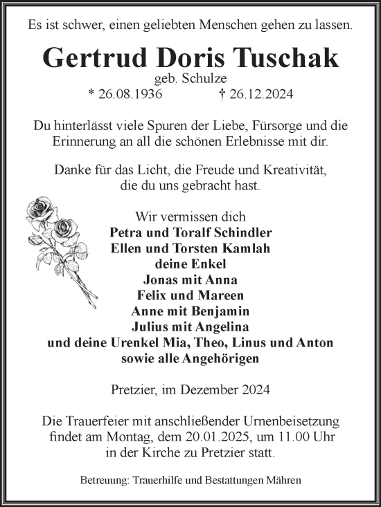 Traueranzeige von Gertrud Doris Tuschak von Volksstimme Altmark West