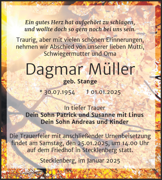 Traueranzeige von Dagmar Müller von Trauerkombi Quedlinburg