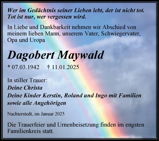 Traueranzeige von Dagobert Maywald von Trauerkombi Aschersleben