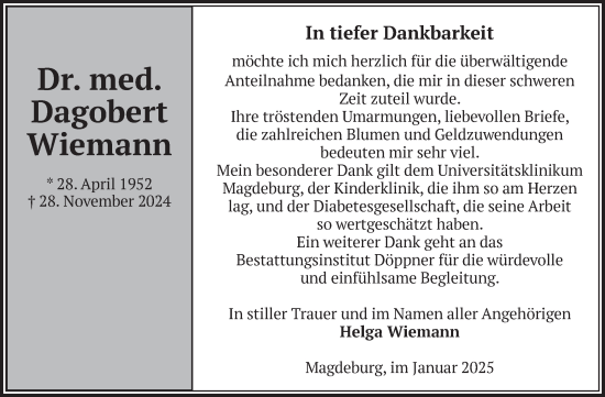 Traueranzeige von Dagobert Wiemann von Volksstimme Magdeburg