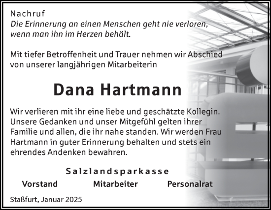 Traueranzeige von Dana Hartmann von Volksstimme Schönebeck