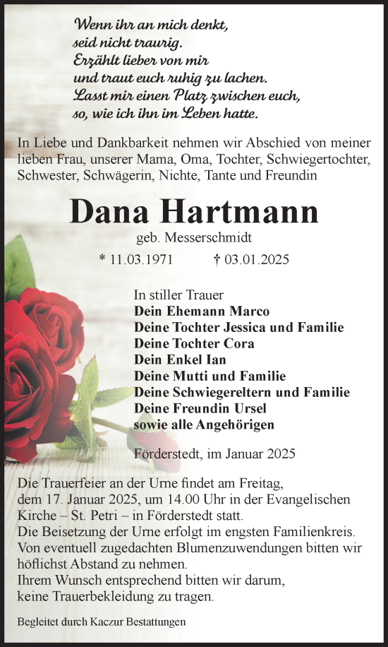 Traueranzeige von Dana Hartmann von Volksstimme Staßfurt