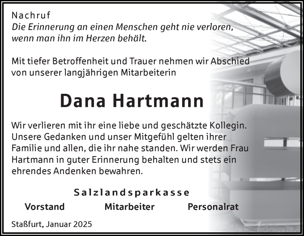  Traueranzeige für Dana Hartmann vom 22.01.2025 aus Volksstimme Schönebeck