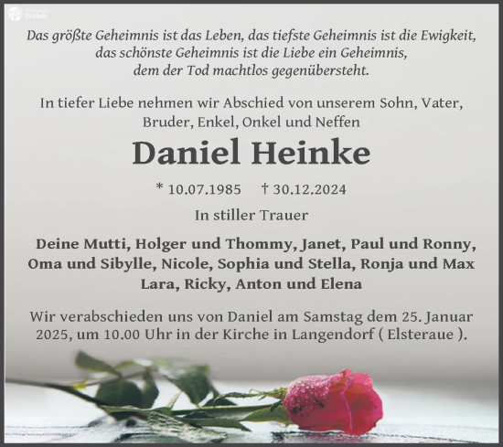 Traueranzeige von Daniel Heinke von Trauerkombi Zeitz