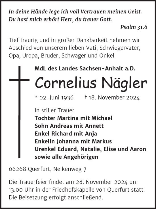 Traueranzeige von Cornelius Nägler von Trauerkombi Merseburg