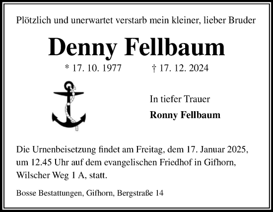 Traueranzeige von Denny Fellbaum von Volksstimme Altmark Ost