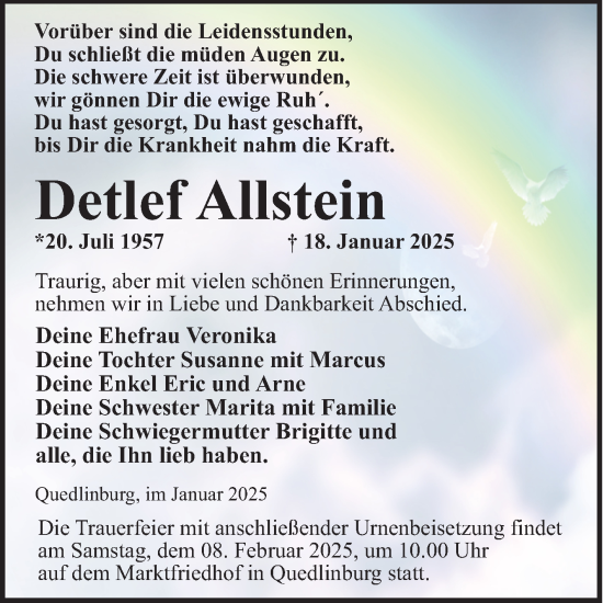 Traueranzeige von Detlef Allstein von Trauerkombi Quedlinburg