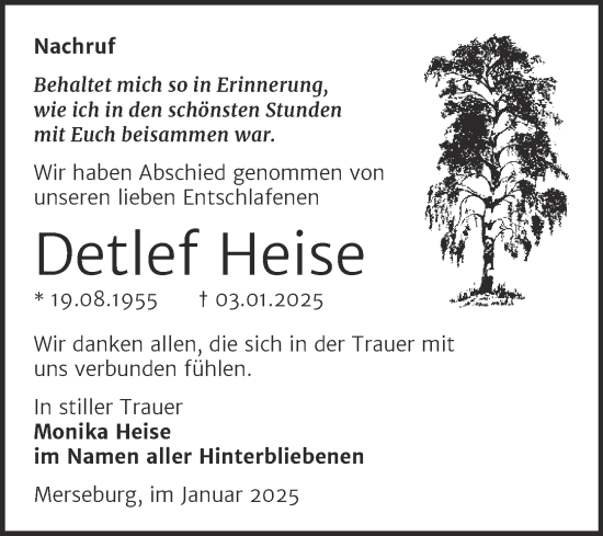 Traueranzeige von Detlef Heise von Trauerkombi Merseburg