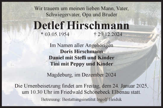 Traueranzeige von Detlef Hirschmann von Volksstimme Magdeburg