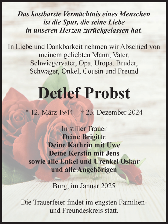 Traueranzeige von Detlef Probst von Volksstimme Burg/Genthin