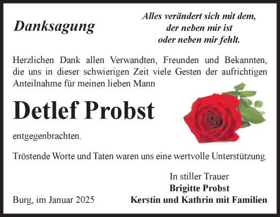 Traueranzeige von Detlef Probst von Volksstimme Burg/Genthin