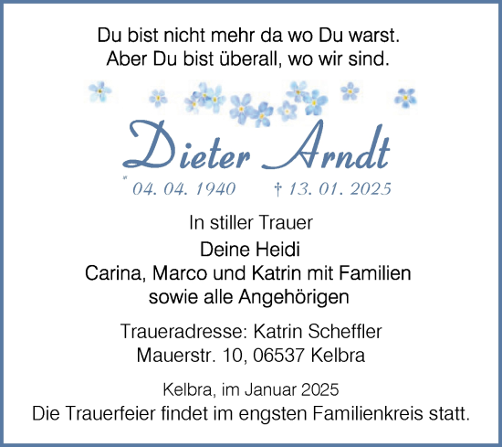 Traueranzeige von Dieter Arndt von Trauerkombi Sangerhausen