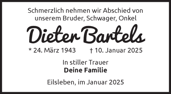 Traueranzeige von Dieter Bartels von Volksstimme Oschersleben/Wanzleben