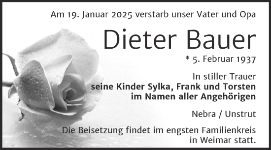 Traueranzeige von Dieter Bauer von Naumburger Tageblatt