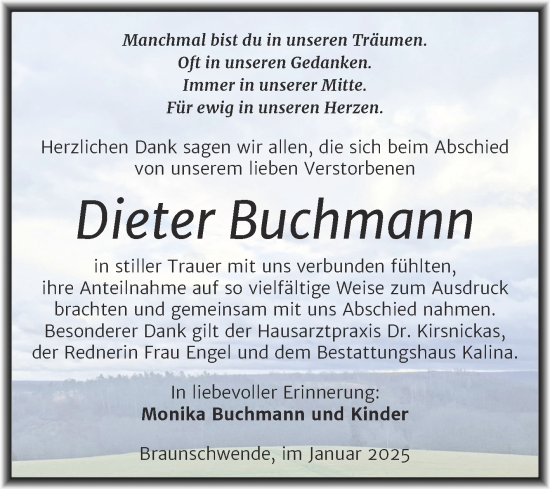 Traueranzeige von Dieter Buchmann von Trauerkombi Mansfelder Land