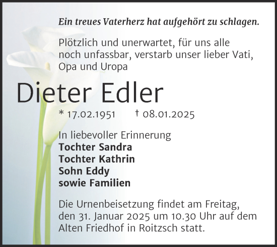 Traueranzeige von Dieter Edler von Trauerkombi Bitterfeld