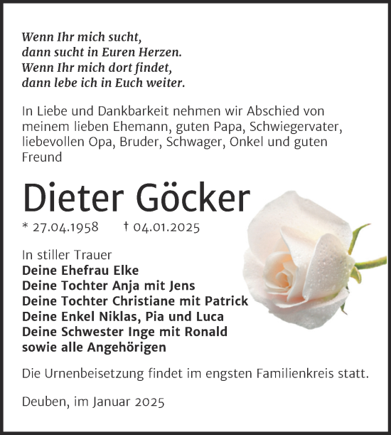 Traueranzeige von Dieter Göcker von Trauerkombi Weißenfels
