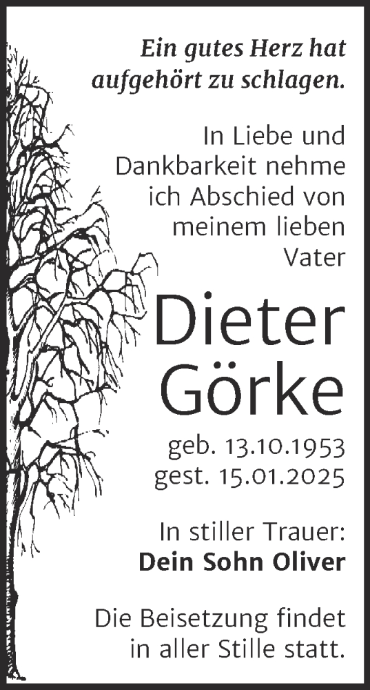 Traueranzeige von Dieter Görke von Trauerkombi Wittenberg