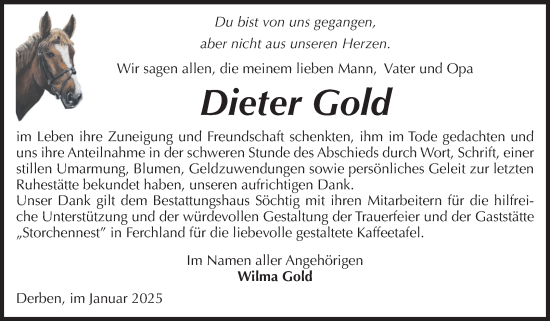 Traueranzeige von Dieter Gold von Volksstimme Burg/Genthin