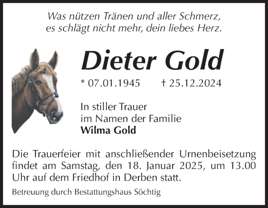 Traueranzeige von Dieter Gold von Volksstimme Burg/Genthin