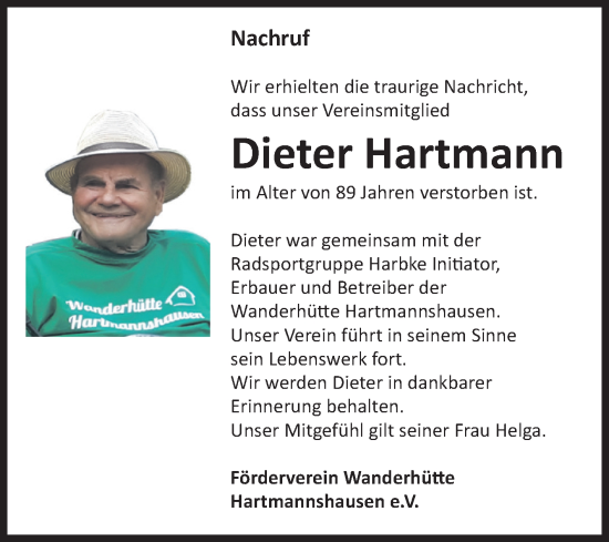 Traueranzeige von Dieter Hartmann von Volksstimme Haldensleben/Wolmirstedt