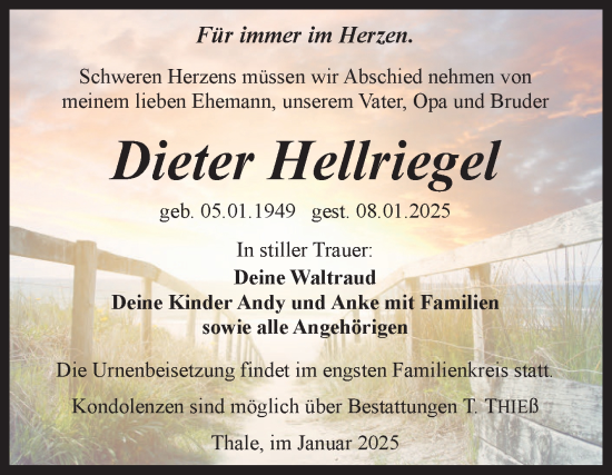 Traueranzeige von Dieter Hellriegel von Trauerkombi Quedlinburg
