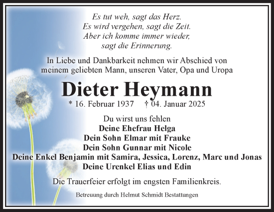 Traueranzeige von Dieter Heymann von Volksstimme Magdeburg