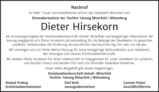 Traueranzeige von Dieter Hirsekorn von Mitteldeutsche Zeitung Bitterfeld