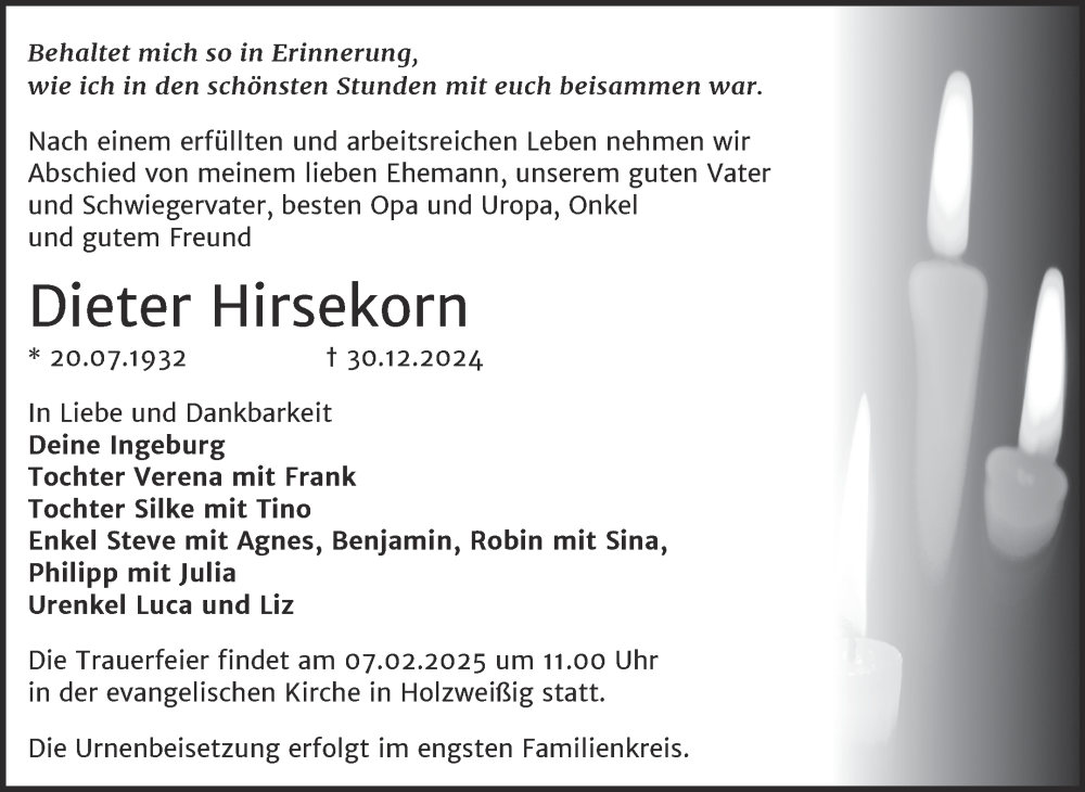  Traueranzeige für Dieter Hirsekorn vom 11.01.2025 aus Trauerkombi Bitterfeld