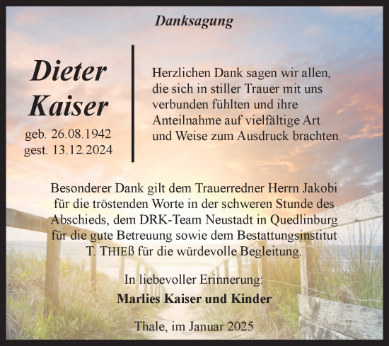 Traueranzeige von Dieter Kaiser von Trauerkombi Quedlinburg