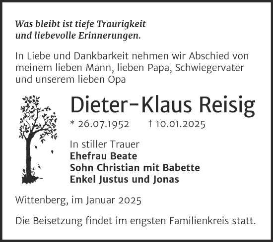 Traueranzeige von Dieter-Klaus Reisig von Trauerkombi Wittenberg
