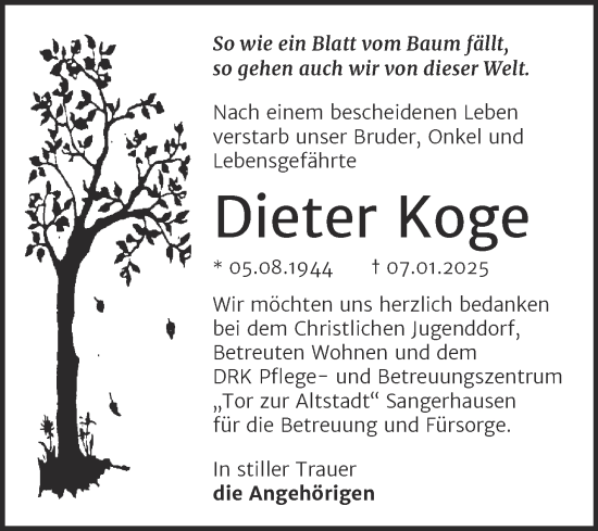 Traueranzeige von Dieter Koge von Trauerkombi Sangerhausen