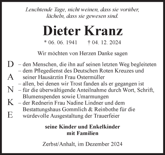 Traueranzeige von Dieter Kranz von Volksstimme Zerbst