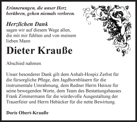 Traueranzeige von Dieter Krauße von Volksstimme Zerbst