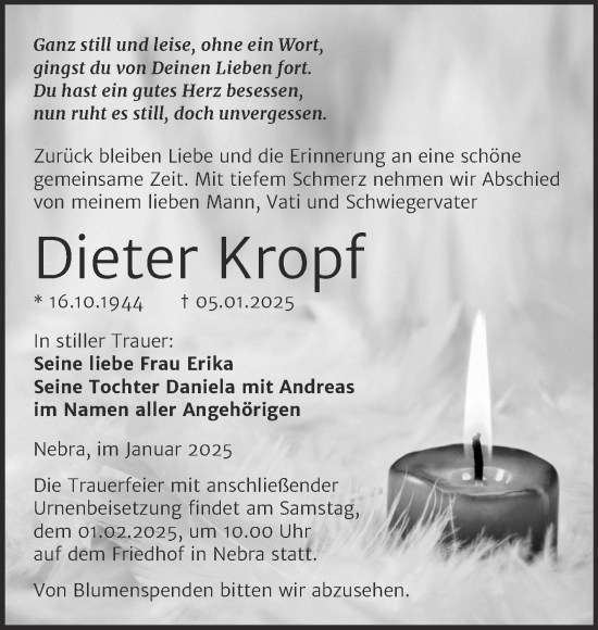 Traueranzeige von Dieter Kropf von Super Sonntag Naumburg/Nebra
