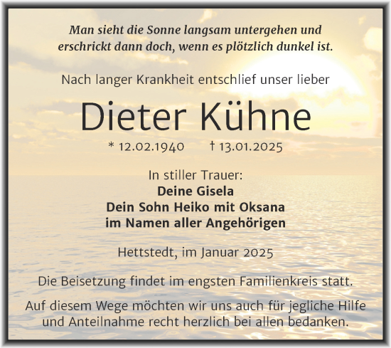 Traueranzeige von Dieter Kühne von Trauerkombi Mansfelder Land