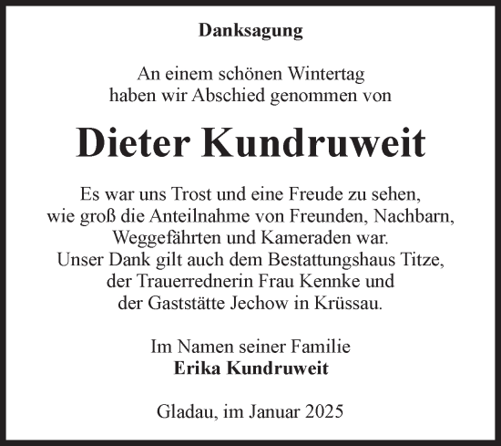 Traueranzeige von Dieter Kundruweit von Volksstimme Burg/Genthin