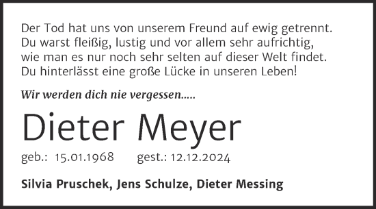 Traueranzeige von Dieter Meyer von Trauerkombi Quedlinburg