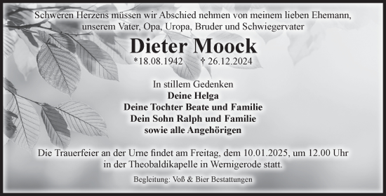 Traueranzeige von Dieter Moock von Volksstimme Wernigerode