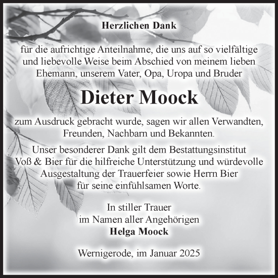 Traueranzeige von Dieter Moock von Volksstimme Wernigerode