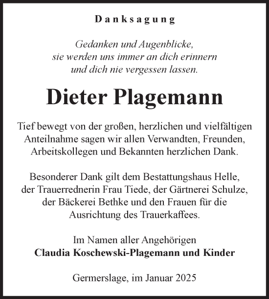 Traueranzeige von Dieter Plagemann von Volksstimme Altmark Ost
