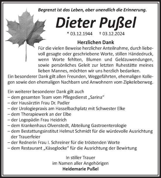 Traueranzeige von Dieter Pußel von Volksstimme Magdeburg